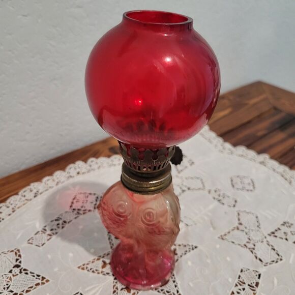Vtg Mini Oil Lamp Cranberry glass globe with fish bottom RARE Flaw Old World - Picture 4 of 12